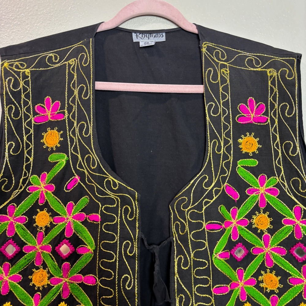y2k Black Embroidered Mirror Vest Women's 2X Boho Festival Mirrorwork Tassel Tie - Picture 2 of 9